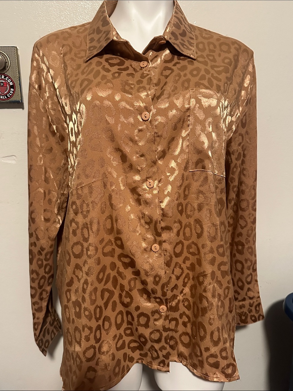 Umgee Shiny Camel Leopard-Print Button-Up Blouse